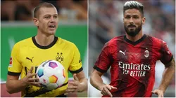 Julian Ryerson of Borussia Dortmund and Olivier Giroud of AC Milan