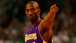 Kobe Bryant #24 of the Los Angeles Lakers points in Game One of the 2008 NBA Finals against the Boston Celtics on June 5, 2008 at TD Banknorth Garden in Boston.