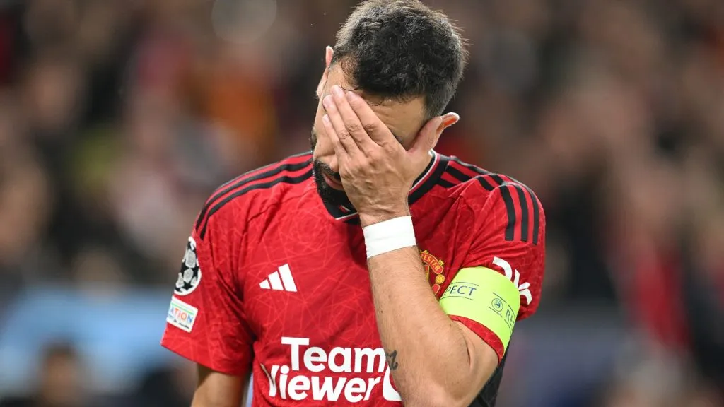 runo Fernandes of Manchester United looks dejected after Wilfried Zaha of Galatasaray S.k (not pictured) scores the team’s first goal during the UEFA Champions League match between Manchester United and Galatasaray A.S at Old Trafford on October 03, 2023 in Manchester, England. (Photo by Michael Regan/Getty Images)