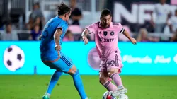 Lionel Messi of Inter Miami CF controls the ball against Birk Risa of the New York City FC.