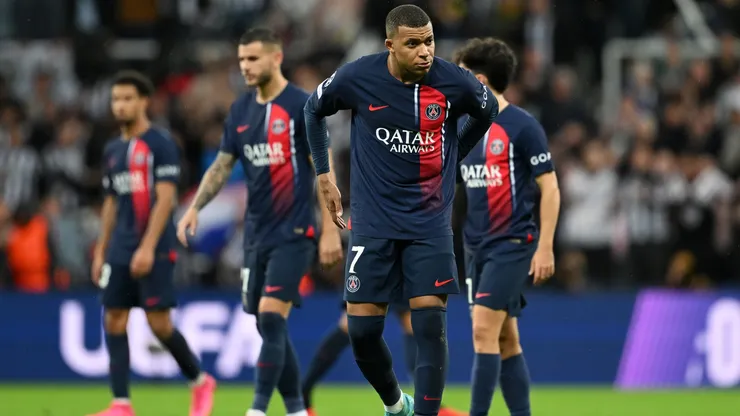 Kylian Mbappe of Paris Saint-Germain looks dejected at full-time following the UEFA Champions League match between Newcastle United FC and Paris Saint-Germain at St. James Park on October 04, 2023 in Newcastle upon Tyne, England. (Photo by Michael Regan/Getty Images)