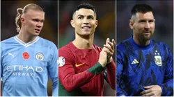 Erling Haaland (left), Cristiano Ronaldo (c) and Lionel Messi.