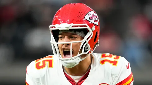 Patrick Mahomes of the Kansas City Chiefs reacts during the second quarter of the game against the Las Vegas Raiders.