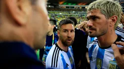 Lionel Messi of Argentina talks to teammates as as the match was delayed due to incidents in the stands during a FIFA World Cup 2026 Qualifier match between Brazil and Argentina at Maracana Stadium on November 21, 2023 in Rio de Janeiro, Brazil. (Photo by Buda Mendes/Getty Images)