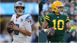 Detroit Lions QB Jared Goff (left) and Packers QB Jordan Love