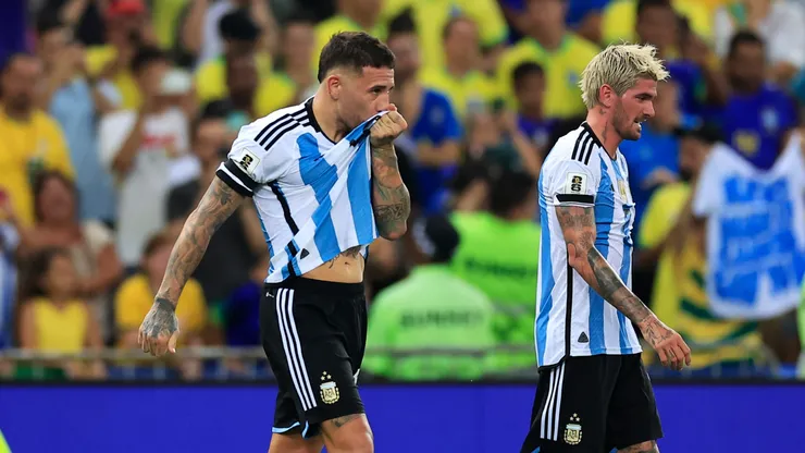 Nicolas Otamendi of Argentina celebrates after scoring the team's first goal during a FIFA World Cup 2026 Qualifier match between Brazil and Argentina at Maracana Stadium on November 21, 2023 in Rio de Janeiro, Brazil.