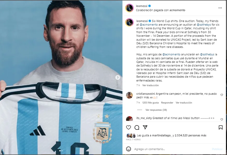 Messi on Instagram over the auction