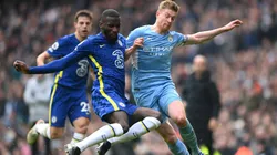 Antonio Ruediger of Chelsea tackles Kevin De Bruyne of Manchester City during the Premier League match between Manchester City and Chelsea at Etihad Stadium on January 15, 2022 in Manchester, England.