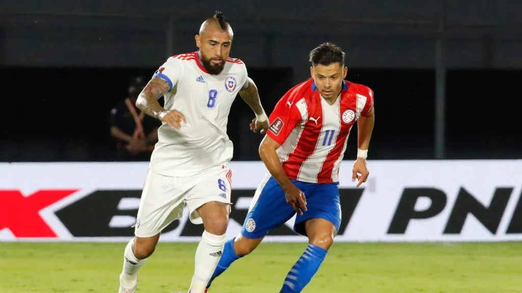 Arturo Vidal of Chile runs with the ball during a match between Paraguay and Chile as part of FIFA World Cup Qatar 2022 Qualifiers on November 11, 2021.