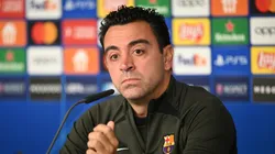 Xavi Hernández, head coach of FC Barcelona talks with the media during a press conference.
