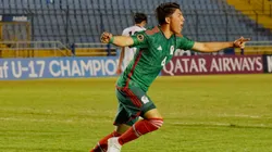 Mexico U17 celebrating a goal against the USA U17 in the 2023 Concacaf U17 tournament final.