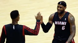 LeBron James with Norris Cole against the Indiana Pacers during Game Five of the Eastern Conference Finals of the 2014 NBA Playoffs