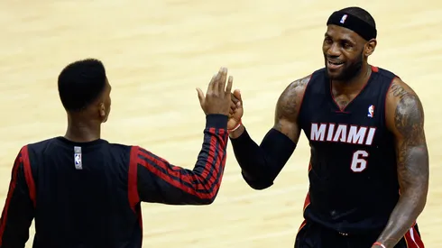 LeBron James with Norris Cole against the Indiana Pacers during Game Five of the Eastern Conference Finals of the 2014 NBA Playoffs