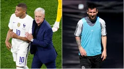 Didier Deschamps hugs Kylian Mbappe (left), Lionel Messi during an Inter Miami practice (r)