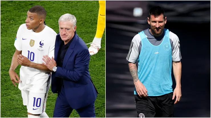 Didier Deschamps hugs Kylian Mbappe (left), Lionel Messi during an Inter Miami practice (r)