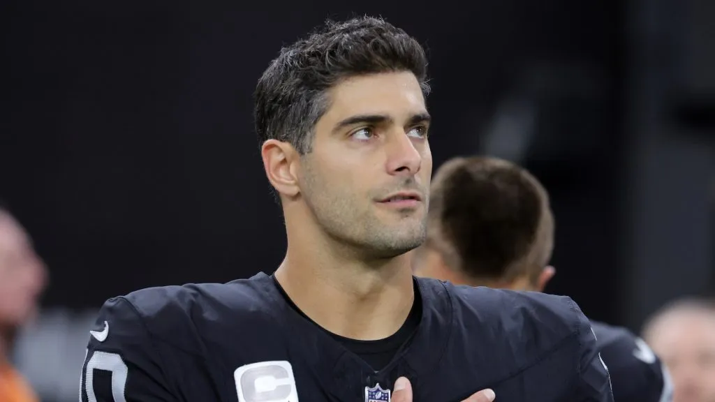 Jimmy Garoppolo, quarterback of the Las Vegas Raiders, during the 2023 NFL season