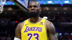 LeBron James of the Los Angeles Lakers gets angry after not getting a foul call.