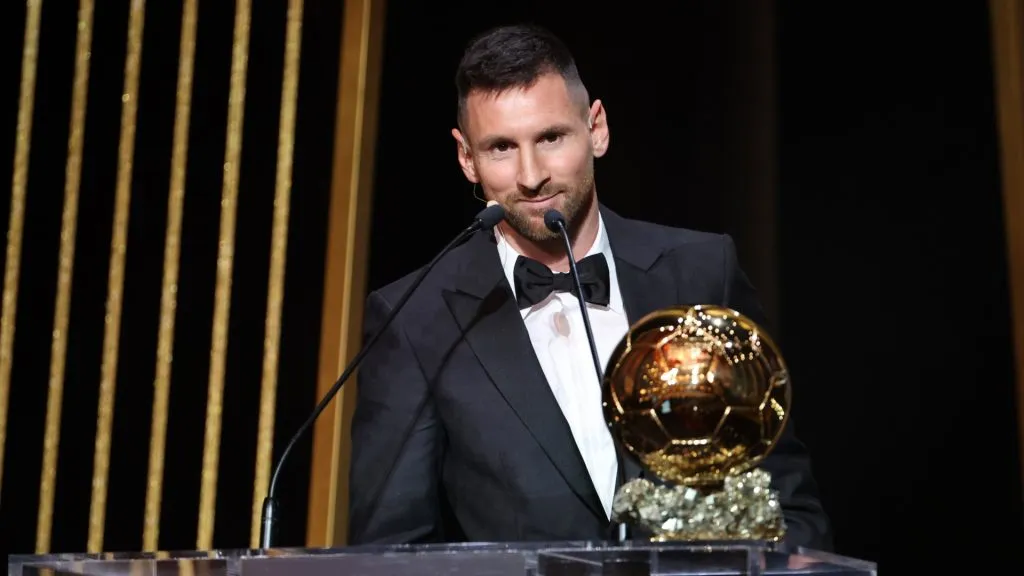 Lionel Messi with his eighth Ballon d'Or award in 2023
