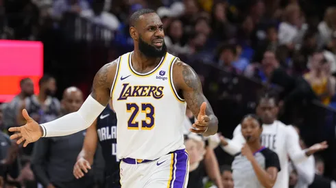 LeBron James of the Los Angeles Lakers complains to the referees after a no-call.