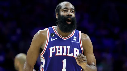 James Harden celebrates while playing for the Philadelphia 76ers