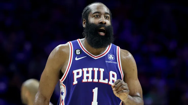 James Harden celebrates while playing for the Philadelphia 76ers