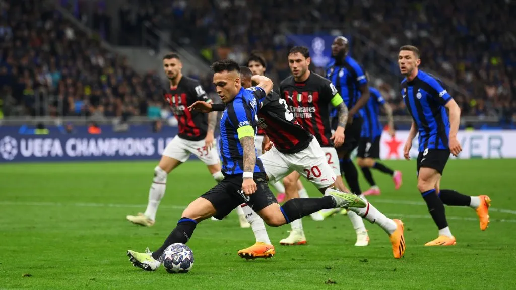 Lautaro Martinez of FC Internazionale scores the team’s first goal during the UEFA Champions League semi-final second leg match between FC Internazionale and AC Milan at Stadio Giuseppe Meazza on May 16, 2023 in Milan, Italy. (Photo by Mike Hewitt/Getty Images)