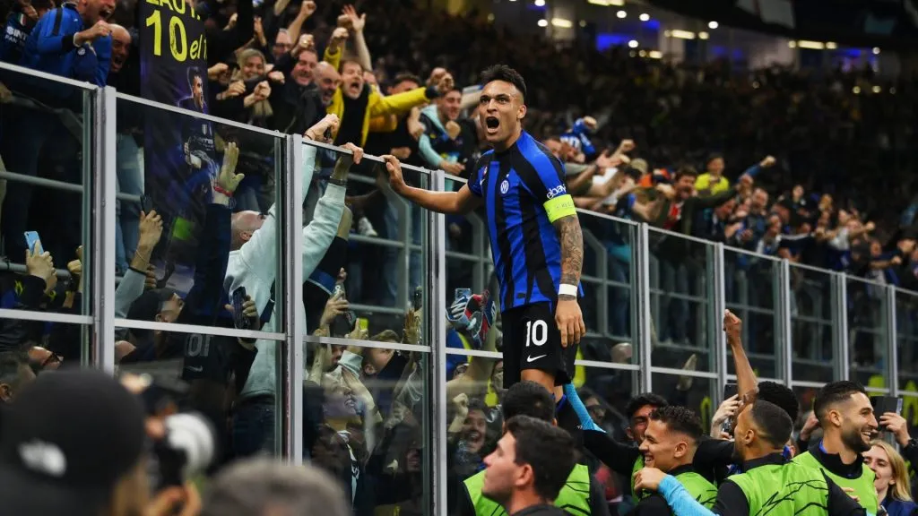 Lautaro Martinez of FC Internazionale celebrates with fans after scoring the team’s first goal during the UEFA Champions League semi-final second leg match between FC Internazionale and AC Milan at Stadio Giuseppe Meazza on May 16, 2023 in Milan, Italy. (Photo by Mike Hewitt/Getty Images)