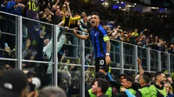 Lautaro Martinez of FC Internazionale celebrates with fans after scoring the team's first goal during the UEFA Champions League semi-final second leg match between FC Internazionale and AC Milan at Stadio Giuseppe Meazza on May 16, 2023 in Milan, Italy. (Photo by Mike Hewitt/Getty Images)