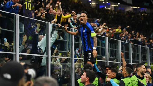Lautaro Martinez of FC Internazionale celebrates with fans after scoring the team's first goal during the UEFA Champions League semi-final second leg match between FC Internazionale and AC Milan at Stadio Giuseppe Meazza on May 16, 2023 in Milan, Italy. (Photo by Mike Hewitt/Getty Images)