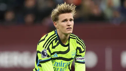Martin Odegaard of Arsenal reacts during the Premier League match between Aston Villa and Arsenal FC at Villa Park on December 09, 2023 in Birmingham, England.
