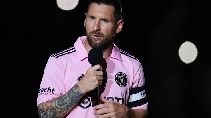 FORT LAUDERDALE, FLORIDA - NOVEMBER 10: Lionel Messi #10 of Inter Miami CF speaks during the Ballon d'Or trophy presentation at DRV PNK Stadium on November 10, 2023 in Fort Lauderdale, Florida. (Photo by Megan Briggs/Getty Images)