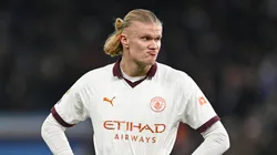 Erling Haaland of Manchester City looks dejected during the Premier League match between Aston Villa and Manchester City at Villa Park on December 06, 2023 in Birmingham, England.
