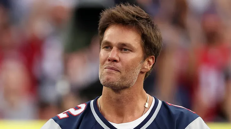 Former New England Patriots quarterback Tom Brady speaks during a ceremony honoring him at halftime of New England's game against the Philadelphia Eagles at Gillette Stadium on September 10, 2023 in Foxborough, Massachusetts.