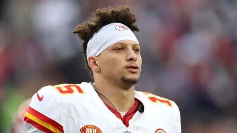 Patrick Mahomes looks on before a game with the Chiefs.