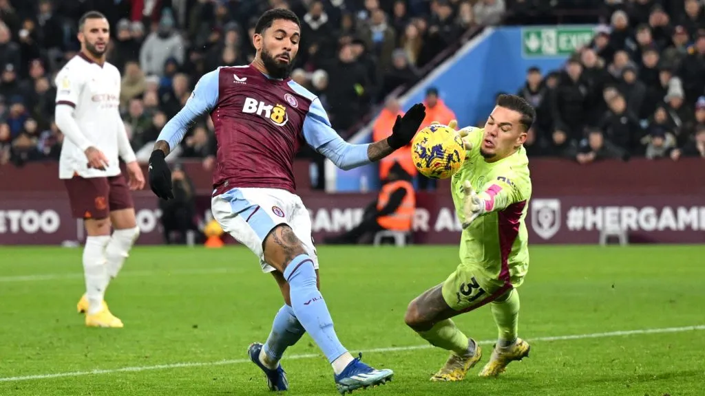 Ederson of Manchester City saves the shot of Douglas Luiz of Aston Villa