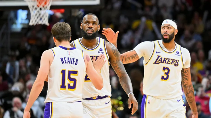 LeBron James, Anthony Davis, and Austin Reaves of the Los Angeles Lakers.