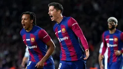 Robert Lewandowski of FC Barcelona celebrates after scoring their team's first goal during the LaLiga EA Sports match between FC Barcelona and Girona FC at Estadi Olimpic Lluis Companys on December 10, 2023 in Barcelona, Spain.