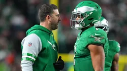 Head coach Nick Sirianni talks with Jalen Hurts #1 of the Philadelphia Eagles during the second half of a game against the Miami Dolphins at Lincoln Financial Field on October 22, 2023 in Philadelphia, Pennsylvania.