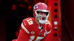 Patrick Mahomes #15 of the Kansas City Chiefs reacts as he is introduced before the game against the Buffalo Bills at GEHA Field at Arrowhead Stadium on December 10, 2023 in Kansas City, Missouri.
