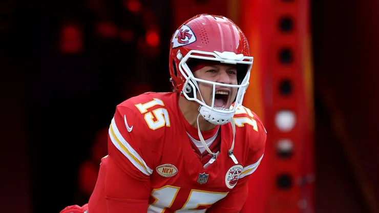 Patrick Mahomes #15 of the Kansas City Chiefs reacts as he is introduced before the game against the Buffalo Bills at GEHA Field at Arrowhead Stadium on December 10, 2023 in Kansas City, Missouri.