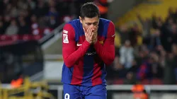 Robert Lewandowski of FC Barcelona reacts after a missed chance.