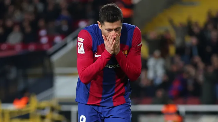 Robert Lewandowski of FC Barcelona reacts after a missed chance.