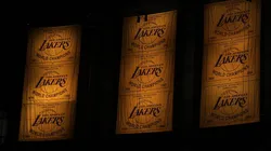 General view of the Los Angeles Lakers' championship banners.