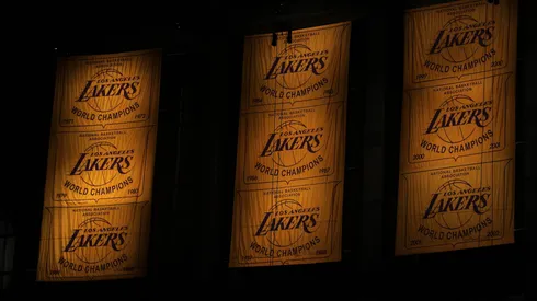 General view of the Los Angeles Lakers' championship banners.