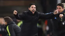 Mikel Arteta, Manager of Arsenal, celebrates after Declan Rice scores the team's fourth goal during the Premier League match against Luton Town.