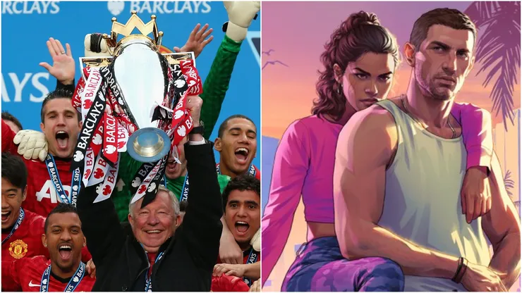 Sir Alex Ferguson lifting the Premier League trophy in 2013 / The cover of GTA VI