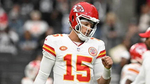 Patrick Mahomes of the Kansas City Chiefs on field during warm up against the Las Vegas Raiders at Allegiant Stadium on November 26, 2023 in Las Vegas, Nevada.