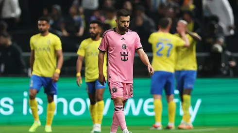 Jordi Alba of Inter Miami looks dejected after Aymeric Laporte of Al-Nassr scores his team's third goal during the Riyadh Season Cup match between Al-Nassr and Inter Miami at Kingdom Arena on February 01, 2024 in Riyadh, Saudi Arabia.
