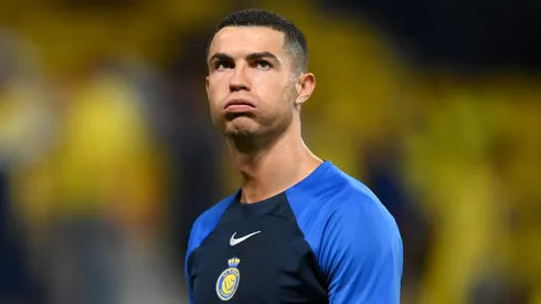 Cristiano Ronaldo of Al Nassr FC reacts during warm up before a league game.