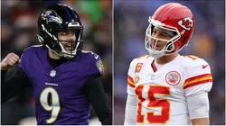 Justin Tucker (left) and Patrick Mahomes.